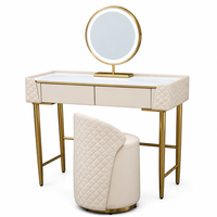 Ensemble de coiffeuse de luxe moderne avec miroir LED rond doré, plateau en marbre, tiroirs en cuir matelassé sans poignée et tabouret pour chambre à coucher