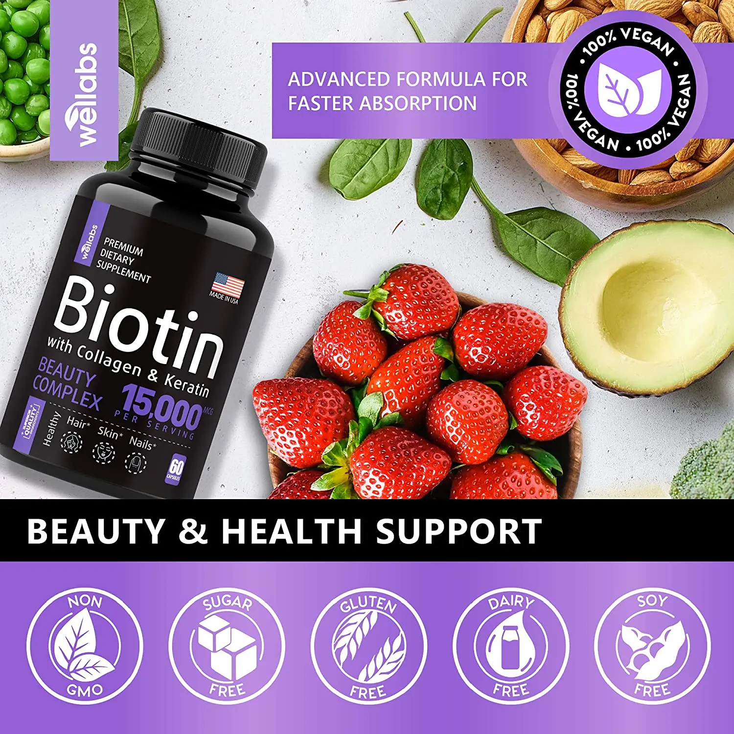 Hot Sale Private Label Biotin Keratin Collagen Pills Organic Biotin Capsules Beauty Products Normal Temperature Bottle Packing