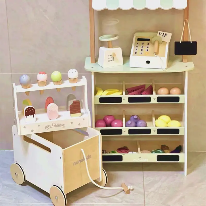 ร้านขายของจำลองสำหรับเด็ก nunukids รถเข็นซื้อของในบ้านของเล่นเด็กทำจากไม้ไอศกรีมเนื้อแข็งของเล่นสำหรับเด็ก