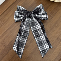 Épingle à cheveux vintage à carreaux avec nœud pour femme, style japonais et coréen, accessoire de coiffure pour fête, style universitaire, avec long ruban