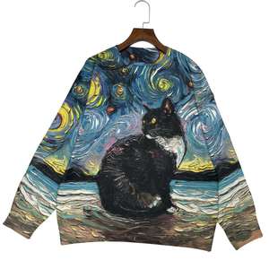 <span class=keywords><strong>Pull</strong></span> en tricot pour <span class=keywords><strong>femme</strong></span> à imprimé chat et ciel étoilé, col rond décontracté, coupe oversize, manches longues, respirant, doux, pour usage quotidien - Product Image 4