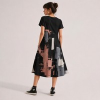 Robe midi femme en coton lavé 180 GSM, coupe évasée trapèze, manches courtes, imprimé abstrait, personnalisable avec logo OEM, vente en gros