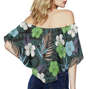 Thoáng Khí Thoải Mái Phụ Nữ Tops Tùy Chỉnh In Polynesian Hoa Dâm Bụt In Off Vai Ruffle Tay Áo Áo Áo Tops - Product Image 2