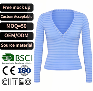 Custom <strong>Women</strong> Blue Striped <strong>Henley</strong> Top Long Sleeve V Neck Button Front Ribbed Knit Slim Fit Casual Base Layer <strong>Shirt</strong> - Product Image 1