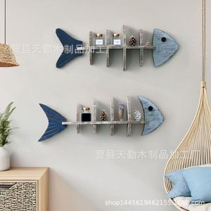 Creative wooden Mediterranean decorative <b>shelf</b>, solid wood fish skeleton style, home wall-mounted storage <b>rack</b> for - Product Image 4