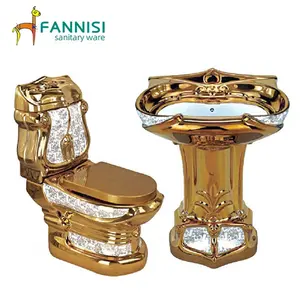 De color oro inodoro lavabo cuarto de baño conjunto