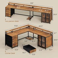 Meja Kantor Rumah, Rak Monitor CPU, Meja Gaming Bentuk L Warna Coklat, 4 Laci, Lemari Display, Meja Komputer