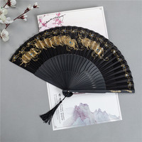 Éventail en bambou HZ de 7 pouces, style chinois classique rétro, plumes de paon estampées or, unisexe, pour Hanfu, Cheongsam, Nouvel An chinois