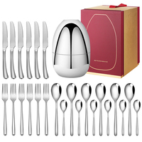 En Stock, Ménagère 24 Pièces Argent Or en Acier Inoxydable Poli Miroir avec Coffret Cadeau en Métal en Forme d'Œuf