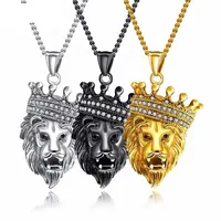 Grosir Aksesoris Perhiasan Stainless Steel 3 Nada Crown Lion Kepala Liontin Kalung untuk Pria