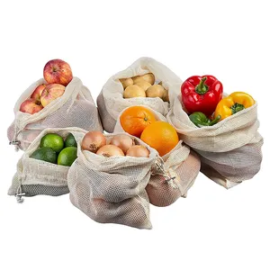 Vendita calda Eco Friendly riutilizzabile 100% in rete di cotone organico borsa a rete per la spesa sacchetti per frutta e verdura