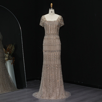 Robe de soirée sirène vintage de luxe Sharon Said SS291, couleur champagne arabe, style Dubaï, sans bretelles, ornée de perles de cristal et de paillettes, avec traîne.