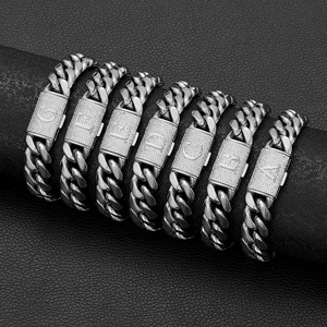 Hochwertige Herren Hip-Hop Edelstahl-Halskette 26 Initialen Buchstaben Flip-Verschluss Verschlüsselte Kubanische Gliederkette Armband - Product Image 2