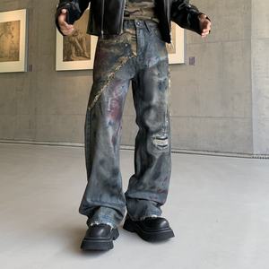 Pantalones Vaqueros Anchos de Estilo Moderno para Hombre, Pantalones Largos 3D de Alta Gama con Estampado de Grafiti Pintado a Mano, Estilo Hip Hop Desgastado - Product Image 2