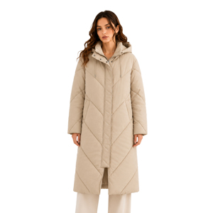 Manteau long matelassé en duvet pour <span class=keywords><strong>femme</strong></span>, couleur kaki, avec logo personnalisé, col en V, capuche à cordon de serrage, fermeture éclair intégrale, mi-mollet, coupe-vent, chaud et rembourré - Product Image 1