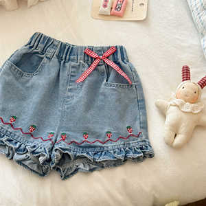 Girls Denim Shorts Strawberry Embroidery Ruffle Hem Summer Baby Bottoms A-<b>Line</b> Style - Product Image 1