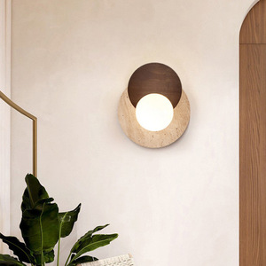 Lampe murale Wabi Sabi en travertin, lumière artistique ronde en bois pour chambre à coucher, tête de lit, entrée, couloir - Product Image 3