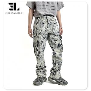 LARSUR Logo personnalisé OEM ODM Jeans empilés pour hommes Jeans jacquard à bords bruts Jeans évasés Pantalons en <span class=keywords><strong>tapisserie</strong></span> délavée pour hommes - Product Image 1