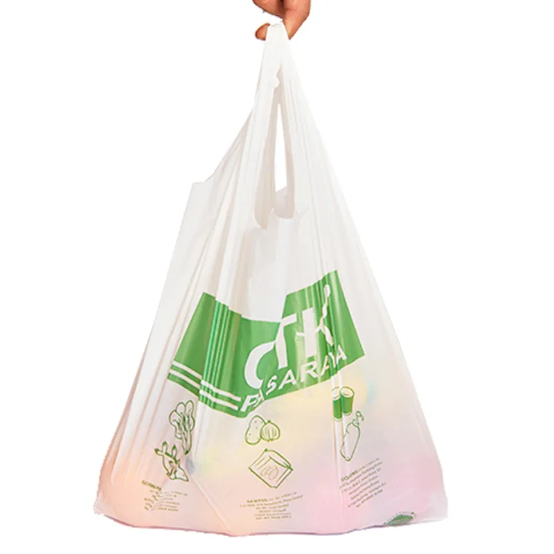 Cadeau à emporter PE-HD en plastique écologique bon marché personnalisé sac de remerciement épicerie t-shirt compostable gilet à provisions sac en plastique