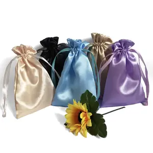 Reusable Custom Luxury Silk Satin Pouch Bag Drawstring Bag Gift Bags With Ribbon textile packaging for bikini wig saree