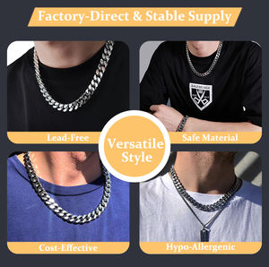 Bracelet et Collier Chaîne Cubaine en Acier Inoxydable 304 316 Poli Miroir Massif Lisse Style Hip-Hop Étanche pour Hommes - Product Image 3