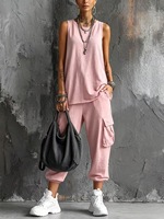 Setelan Dua Potong Wanita Bahan Poliester Atasan Tank Top Tanpa Lengan Celana Jogger Cargo Saku Utilitas Manset Elastis Pakaian Kasual Musim Panas Gaya Streetwear