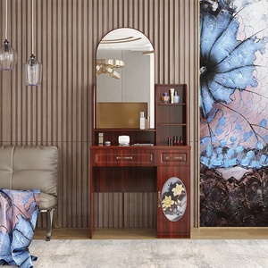Classic <strong>Dressing</strong> <strong>Table</strong> with Mirror 80cm Makeup <strong>Table</strong> <strong>Brown</strong> MDF Bedroom <strong>Table</strong> with Metal Slider Drawers - Product Image 4