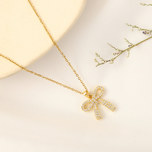 Collana in acciaio inossidabile 18ct semplice <span class=keywords><strong>e</strong></span> alla moda con collana con fiocco dolce <span class=keywords><strong>e</strong></span> adorabile in zirconia - Product Image 4