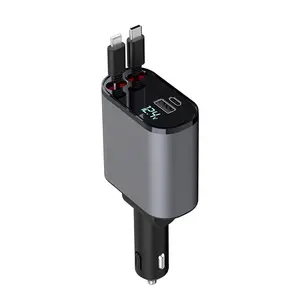 Carregador De Carro Retrátil Rápido Carregador De Carro USB C Carga Rápida 60W 2 Cabos Retráteis e Porta USB Adaptador De Carregador De Carro