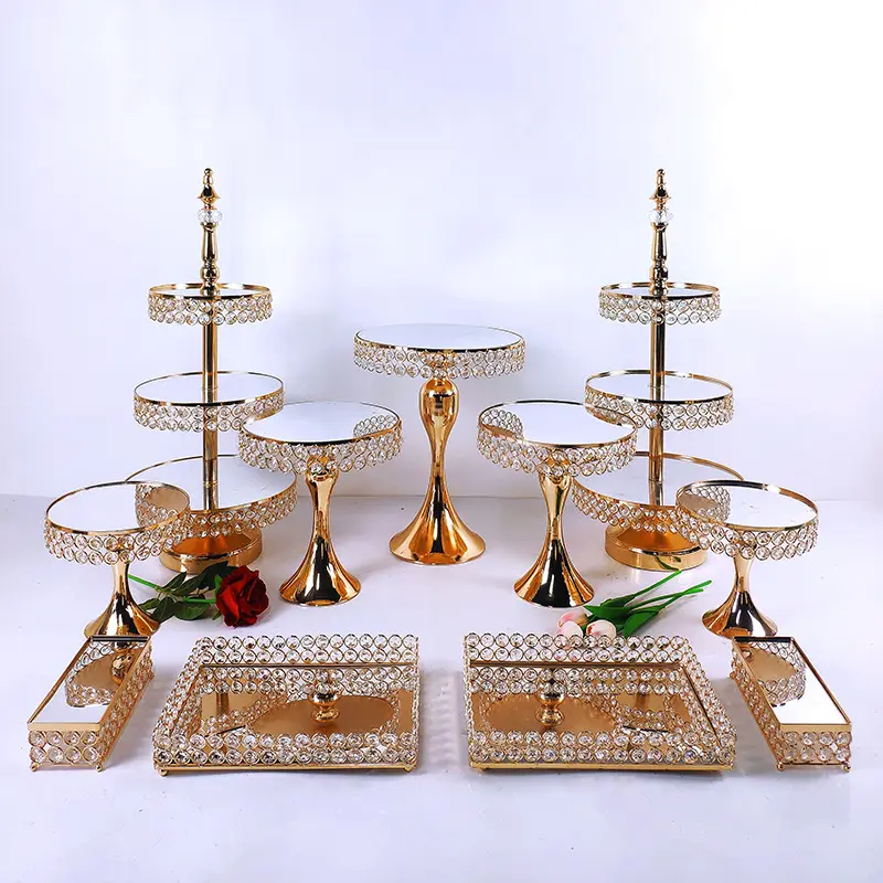 Luxury Pearl Crystal Mirror Top Cake Stand Wedding Party Decoration Round Gold Cake Pedestal Metal Display Cake Stand Set