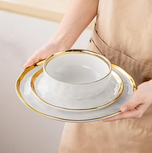 Juego de vajilla de lujo blanco con textura martillada y borde dorado, plato, tazón y platillo para hotel, restaurante, regalo de boda, venta al por mayor - Product Image 3