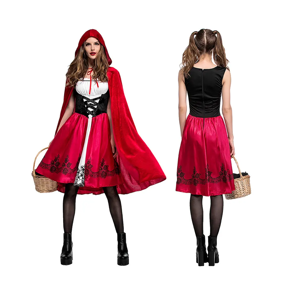 2024 novo plus size Halloween adulto vestido com capuz vermelho conjunto de dança fantasia sexy para mulheres