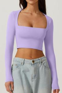 T-shirt à manches longues pour <span class=keywords><strong>femme</strong></span>, style sexy, col carré décolleté, <span class=keywords><strong>crop</strong></span> <span class=keywords><strong>top</strong></span> uni pour le printemps et les soirées en boîte de nuit - Product Image 3