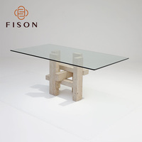 Table à manger rectangulaire en travertin Wabi Sabi avec plateau en verre transparent, table à manger moderne de luxe pour hôtel, table à manger personnalisée pour usage commercial
