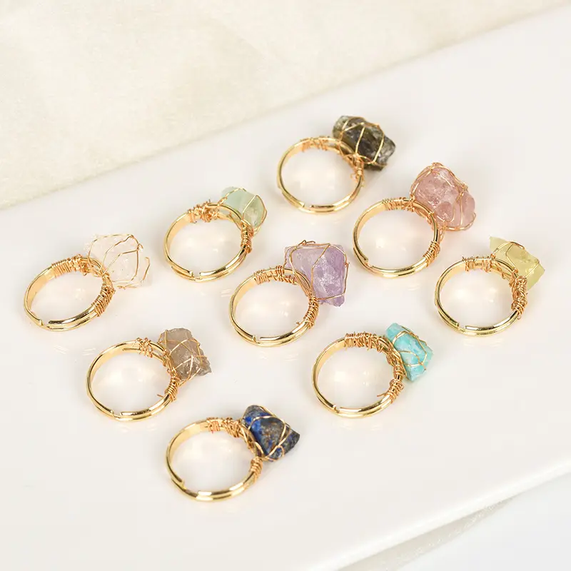 Crystal Jewelry Accessories Hand Winding Ring Quartz Rings Gold Plated Adjustable Wire Wrapped Stone Wholesale Natural Trendy