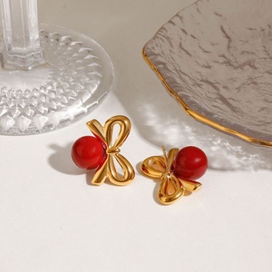 Gold Trendy Statement Earrings <b>Women</b> Sculptural Bow Design 14K Gold Plated Stainless Steel Textured Heart Leaf Exaggerated - Product Image 3