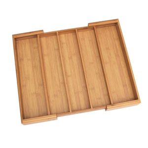 Bamboo Wood Kitchen Expandable Adjustable Drawer Storage Silverware Flatware Organizer Cutlery Tray with 5 Compartments
