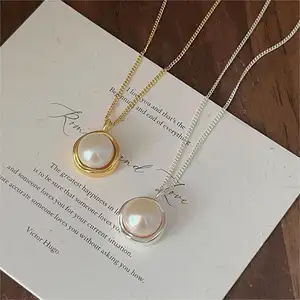 JoyEver minimalista 925 plata esterlina 18K oro vintage redondo perla bordillo cadena collar