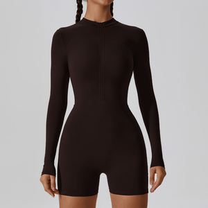 Femmes à manches longues été Stretch une pièce Yoga <span class=keywords><strong>combinaison</strong></span> Sexy tricoté body fermeture éclair sans couture solide pour l'entraînement de printemps - Product Image 4