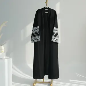 2024 ramadan thêu khiêm tốn màu đen abaya Linen mở abaya femes Robe musulmane hồi giáo Dubai abaya hồi giáo quần áo