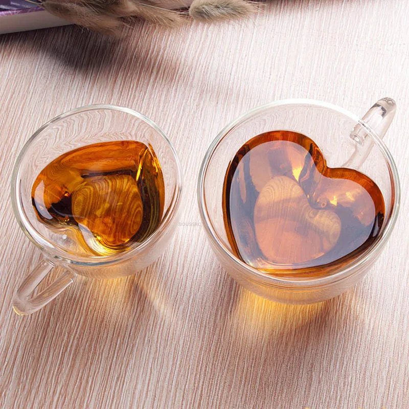 Heart Love Shaped Glass Mug Couple Cups Double Glass Cup Heat-Resisting Wine Glasses Tea Mugs Milk Espresso Coffee Cup Drinkware