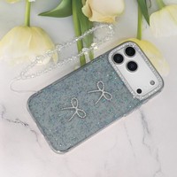 Coque de téléphone mignonne avec nœud et paillettes, cadre d'appareil photo en strass, bracelet perlé, protection pour iPhone 17 Pro Max Samsung Redmi