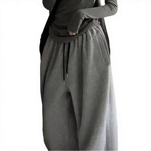 Pantalon décontracté d'hiver pour femme, taille mi-haute, coupe droite, en toile, avec cordon de serrage et poches, couleur délavée - Product Image 3