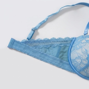 Reggiseno Balconette Sexy Blu Floreale in Pizzo con Ferretto, <span class=keywords><strong>Imbottito</strong></span> e Modellato, con Fiocco - Lingerie Elegante da Donna - Product Image 6