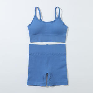 2024 Logo personnalisé nouveau sans couture vêtements de <span class=keywords><strong>sport</strong></span> Yoga <span class=keywords><strong>tenue</strong></span> côtelé évider soutien-gorge de <span class=keywords><strong>sport</strong></span> et short de <span class=keywords><strong>sport</strong></span> ensemble leggings pour les femmes - Product Image 4