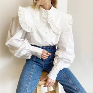 Women 2024 Elegant Long Puff, Sleeves Lace-up Back Blouses Tops Solid Color Peter Pan Collar Work Office Wear Ladies Shirts/