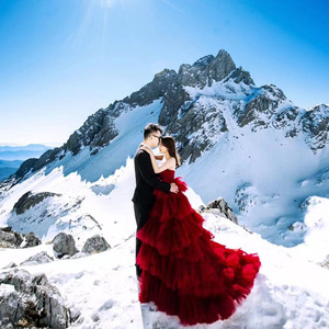 Red Ball Gown Wedding Dress Empire Waist Strapless Tulle Ruffles Claret For Outdoor Photography Couple Outfits - Product Image 4