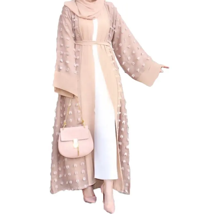 चीन कपड़े OEM Abaya दुबई Browns खुला सामने लंबे चौड़े आस्तीन पॉप अप बटन इस्लामी फूल पिपली विवरण मुस्लिम abaya