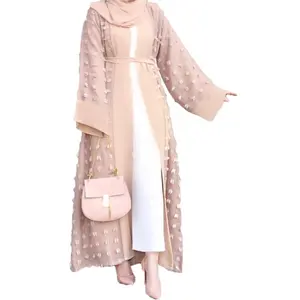 Pakaian Cina OEM Abaya Dubai Browns Terbuka Depan Panjang Lengan Lebar Kancing Pop Up Bunga Islam Applique Detail Muslim Abaya