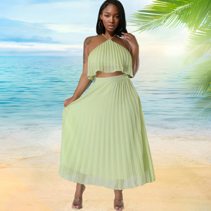 Conjuntos de Falda Larga Plisada sin Mangas con Cuello Halter y Espalda Descubierta en Color Sólido para Mujer, Disponibles en Stock, Moda Vacacional - Product Image 4
